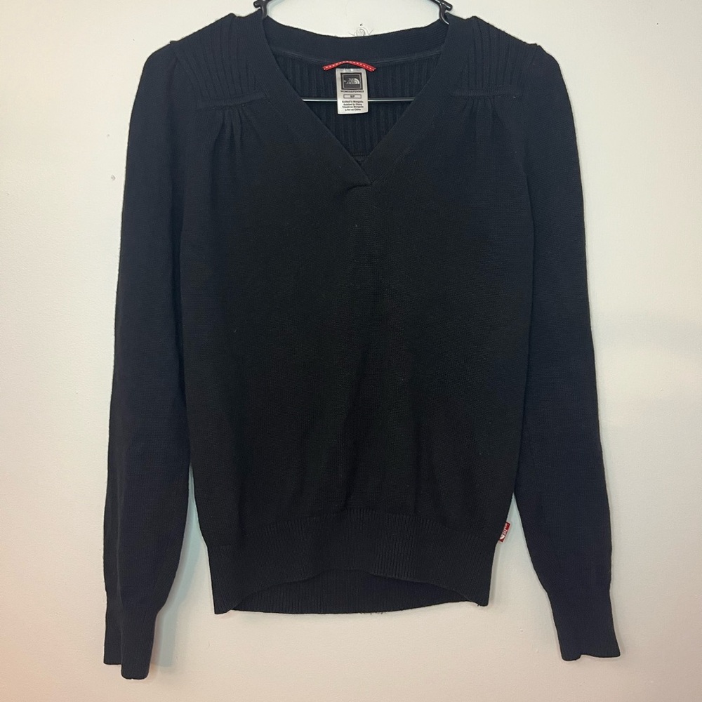 The North Face Black Knit Sweater Small Ribbed Yoke Puff Sleeve Wool Blend